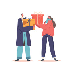 Couple Celebrate Festive Event With Gifts. Male And Female Characters Giving Presents To Each Other On Winter Holidays