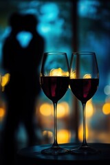 Fototapeta premium Two wine glasses and a silhouetted couple
