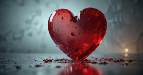 Broken red glass heart on a foggy mirror surface, shattered love, reflective surface