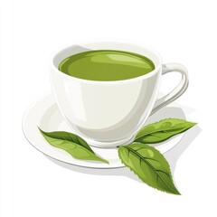 Green tea in a white cup, tea leaves on saucer, on white background