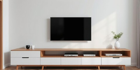 Brown wooden TV table isolated on white background, single, decor, storage