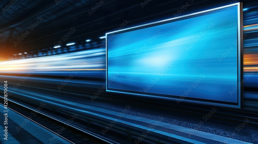 Poster dynamic train journey through dark tunnel with illuminated large screen enhancing the journey and cr