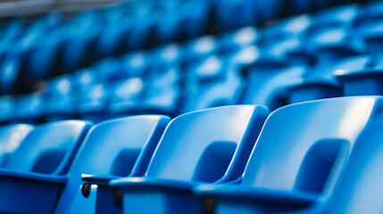 Naklejka premium Rows of blue stadium seats with visible seat numbers, close up view highlighting the neat arrangement and organized structure, perfect for sports events and large gatherings in stadiums.