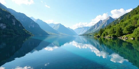 Calm and peaceful mountain lake with gentle ripples, tranquil, water, mirror