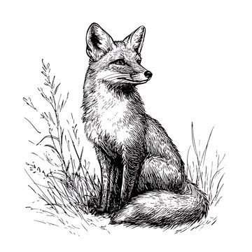 Pen-and-ink drawing of a fox sitting in grass.