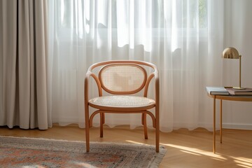 Fototapeta premium Elegant wooden chair with a cane seat in a bright, airy room with sheer curtains and warm sunlight filtering in. .