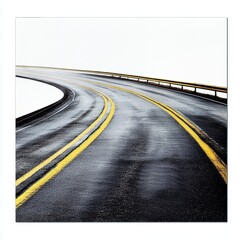 Wet asphalt road curving on a bridge with yellow lines, isolated on white.