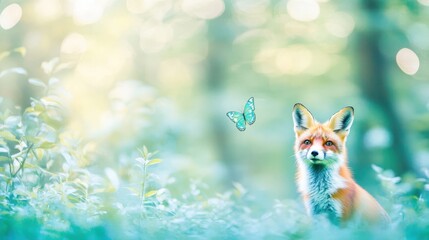 Fox and Butterfly in Enchanted Forest: A whimsical scene of a red fox with a curious gaze, a butterfly dances amidst the ethereal glow of a sun-drenched forest.