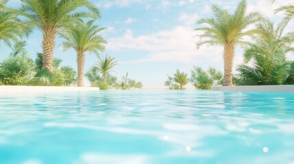 Tropical Oasis Poolside: A tranquil escape, inviting crystal-clear waters of a swimming pool, edged by vibrant palm trees and a backdrop of a serene sky.