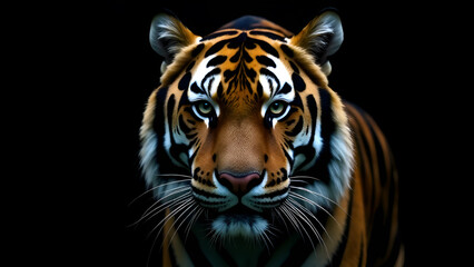 Obraz premium This image features a detailed and striking closeup of a tigers magnificent face set against a deep black background, emphasizing its features