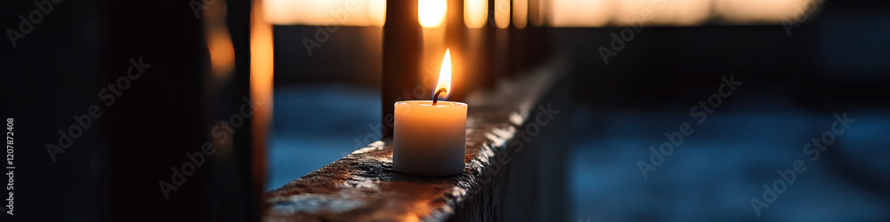 Poster lit candle on weathered surface with blurred background