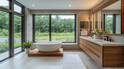 Fototapeta premium A contemporary bathroom featuring clean lines, a floating wooden vanity, a serene oval bathtub, and floor-to-ceiling windows highlighting a minimalist, nature-inspired design.