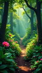 Fototapeta premium Lush vegetation and wildflowers along a forest path, tropical plants, forest path, nature