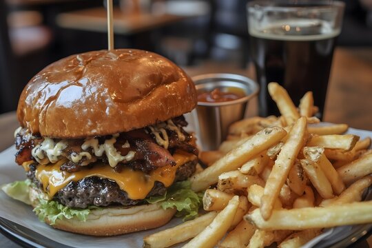 A gourmet cheeseburger in a brioche bun served with crispy french fries
