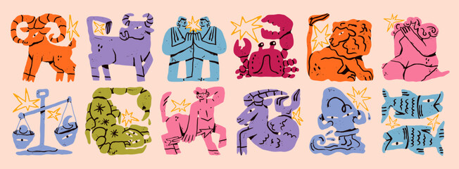 Astrological zodiac signs. Aries, Taurus, Leo, Gemini, Virgo, Scorpio, Libra, Aquarius, Sagittarius, Pisces, Capricorn, Cancer. Cartoon unique modern style. Hand drawn isolated Vector illustrations