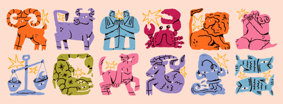 Astrological zodiac signs. Aries, Taurus, Leo, Gemini, Virgo, Scorpio, Libra, Aquarius, Sagittarius, Pisces, Capricorn, Cancer. Cartoon unique modern style. Hand drawn isolated Vector illustrations