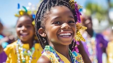 Joyful Carnival Child: A radiant young girl with vibrant braids and colorful beads smiles brightly, radiating the infectious energy of a lively carnival celebration.