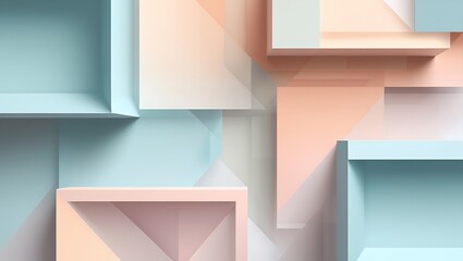 Abstract geometric background with soft pastel gradient from light peach to pale blue, featuring overlapping translucent cubes and rectangles in a modern, minimalist design.