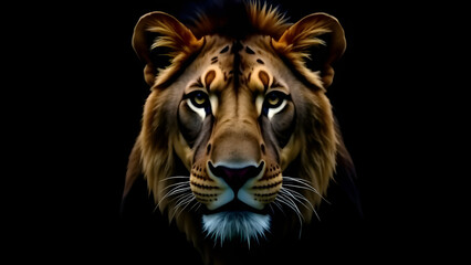 Naklejka premium This image features an extreme closeup shot of a lions majestic face set against a deep black background, highlighting its features