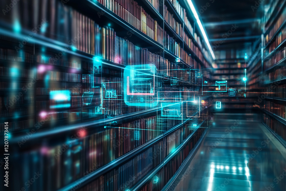 Poster concept of an e library with virtual icons computer