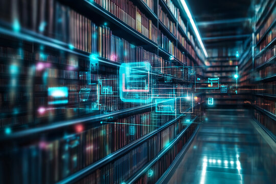 Concept of an e library with virtual icons computer