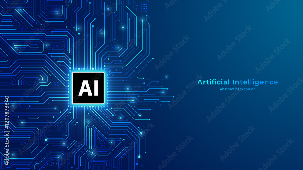 Poster Concept of Artificial intelligence. AI chip processor on circuit motherboard. Modern futuristic design background. Big Data and Machine Learning. Vector illustration.