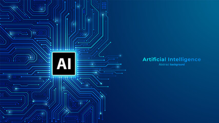 Concept of Artificial intelligence. AI chip processor on circuit motherboard. Modern futuristic design background. Big Data and Machine Learning. Vector illustration.