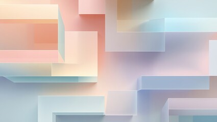 Fototapeta premium Abstract geometric background with soft pastel gradient from light peach to pale blue, featuring overlapping translucent cubes and rectangles in a modern, minimalist design.