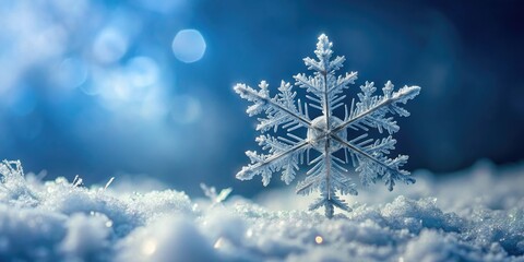 Close-up of a delicate snowflake gently falling from the sky, intricate, weathered, ice crystal
