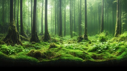 Fototapeta premium Misty forest panorama, moss, trees, sunlight, background, nature, tranquil, wallpaper