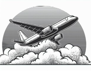airplane flying above the clouds sketch engraving  illustration scratch board imitation black and white image  illustration