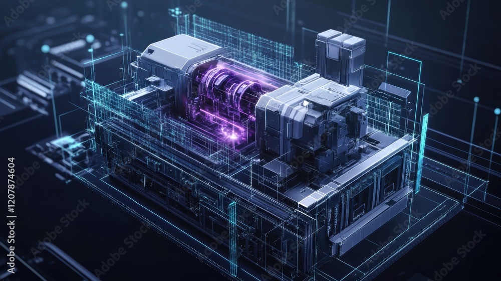 Poster complex engine showcasing advanced technology with glowing core and intricate data analysis lines, s
