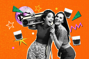 Exclusive art banner collage of two happy girls sing microphone karaoke event celebration boombox melody disco ball chill rum glass