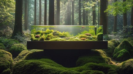 Forest aquarium tank, nature scene, peaceful, advertising