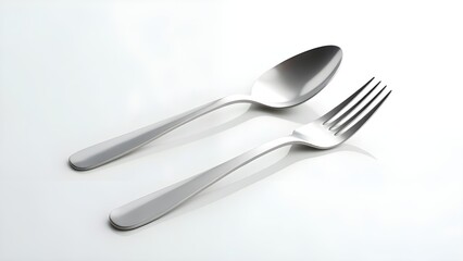 A shiny stainless steel fork and spoon placed diagonally on a white background