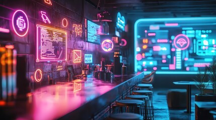 Obraz premium Cyberpunk Neon Bar: Futuristic Nightlife Scene