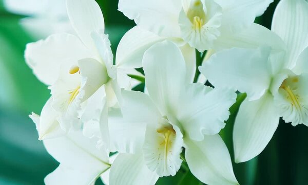 A close-up of beautiful white orchids blooming among lush green leaves, evoking a serene and tranquil atmosphere.