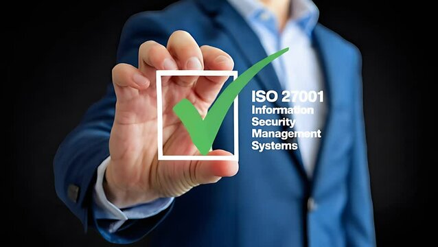 Secure Your Business: ISO 27001 Information Security Management System. Businessman selects ISO 27001 certification on tablet for enhanced data       