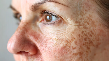 Obraz premium Close-up of a person's face with visible skin texture, showcasing natural imperfections and healthy glow, captured in soft natural light with a blurred background, perfect for beauty, skincare