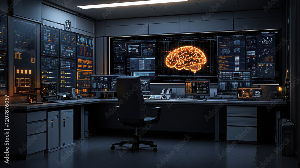 Poster futuristic control room featuring digital holographic display of brain, surrounded by advanced techn