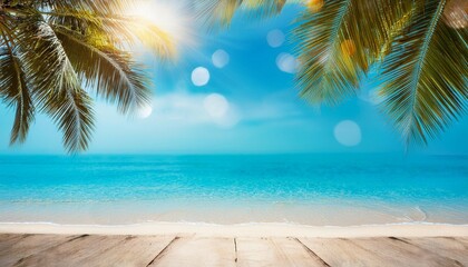 abstract seascape with palm tree tropical beach background blur bokeh light of calm sea and sky summer vacation background concept