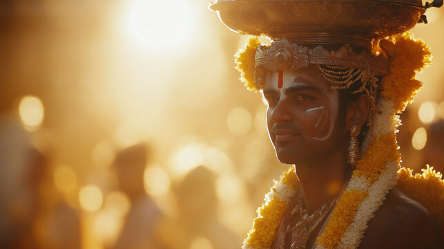  Milk Offering Procession: A close-up of a devotee carrying a pot of milk (paal kudam) on their head, dressed in traditional attire, with golden light reflecting off the pot during an early morning pr