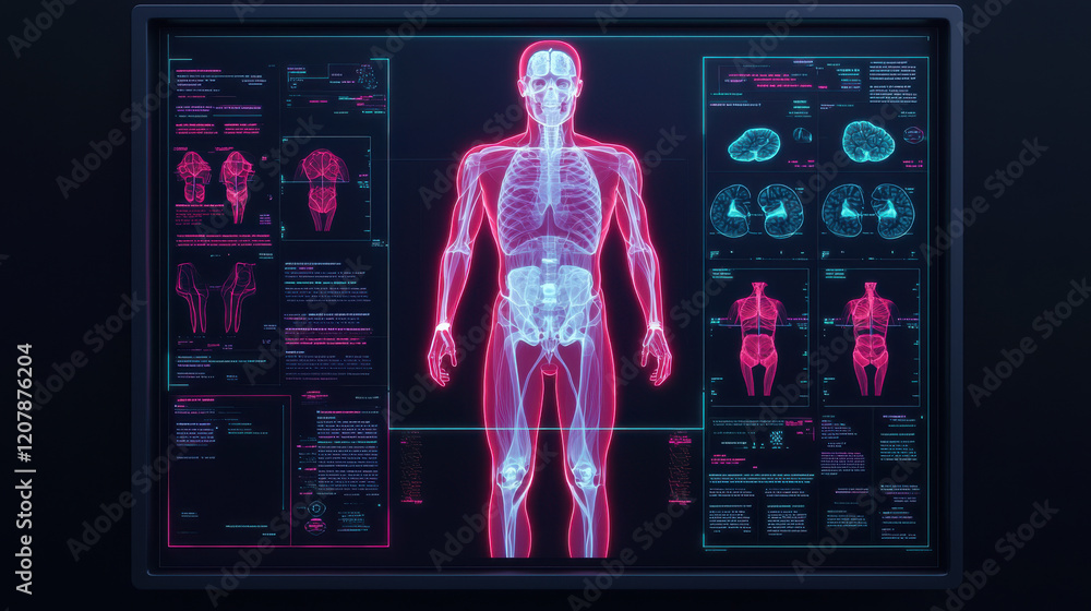 Poster futuristic digital screen displaying full body anatomical model with detailed overlays and data. vib