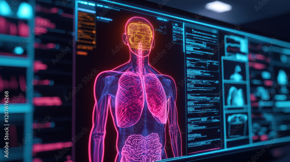 Poster futuristic digital screen displaying full body anatomical model with highlighted organs and systems,