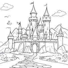 Naklejka premium Fantasy Line Art Coloring Book Page Dragons and Knights