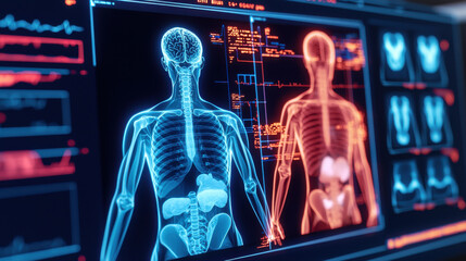 futuristic digital screen displaying full body anatomical view, showcasing human skeleton and organs in vibrant colors. advanced technology highlights health data and diagnostics