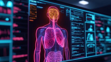 futuristic digital screen displaying full body anatomical model with highlighted organs and systems, showcasing advanced technology and medical visualization