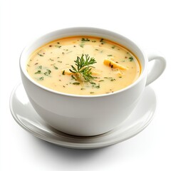 Creamy soup in white mug, delicious, ready to eat, perfect for a meal