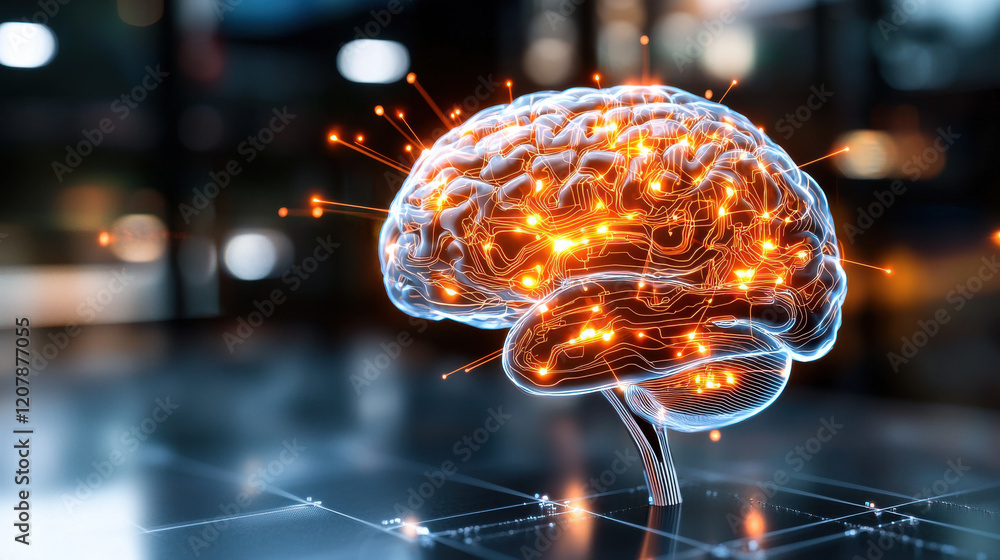 Poster neon x ray style image of human brain with glowing circuits and sparks, representing advanced techno