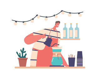 Barista Preparing Coffee Using Chemex Pour Over Coffee Maker And Drip Kettle. Alternative Ways Of Brewing Coffee